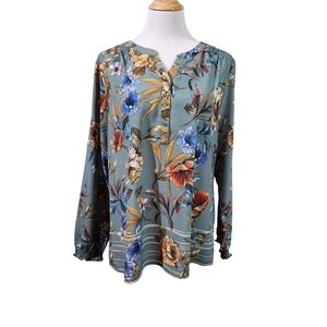 Christopher & Banks Blue and Orange  Long Sleeve Blouse, Sz XL